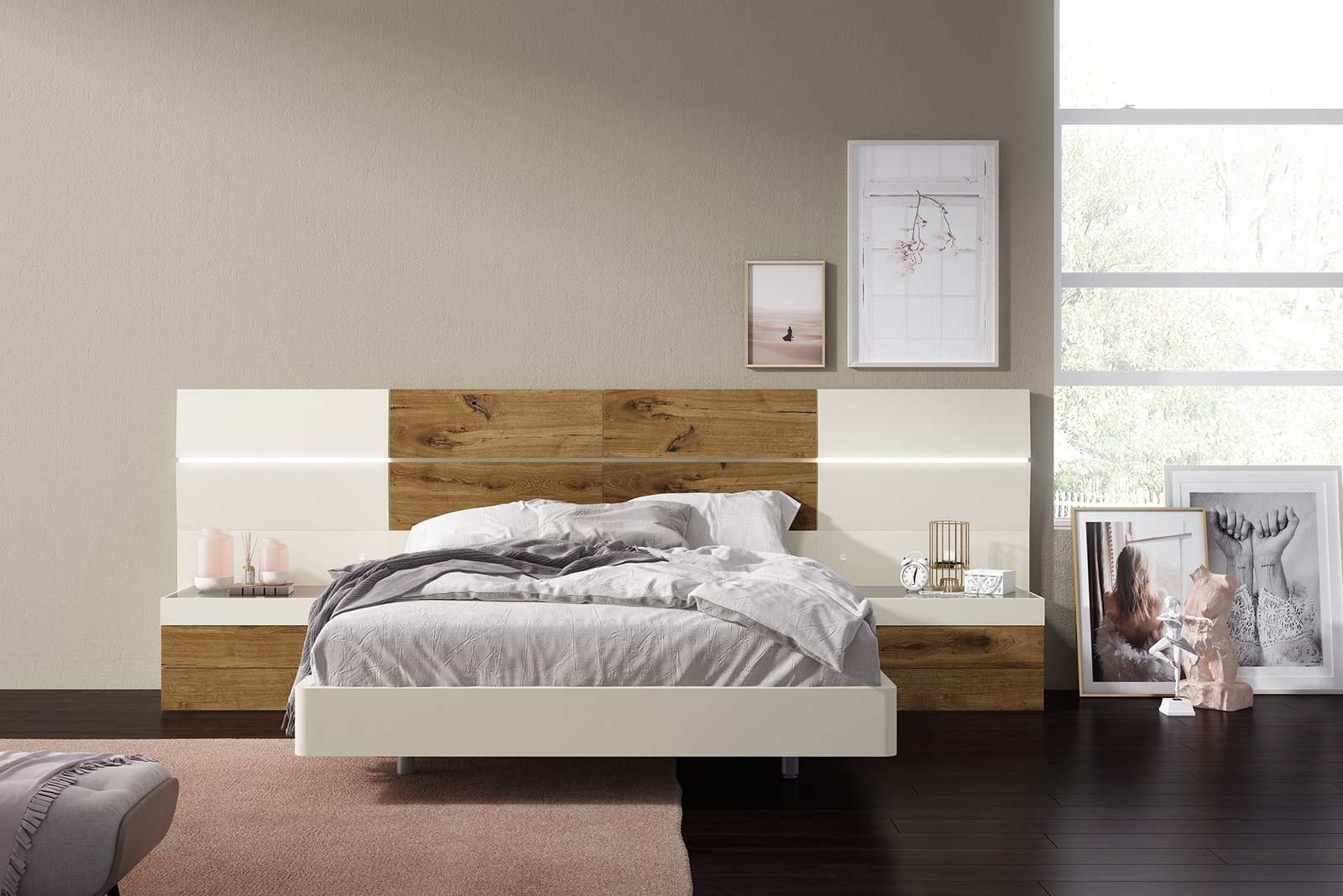 Dormitorio matrimonio madera combinado con beige y mesitas