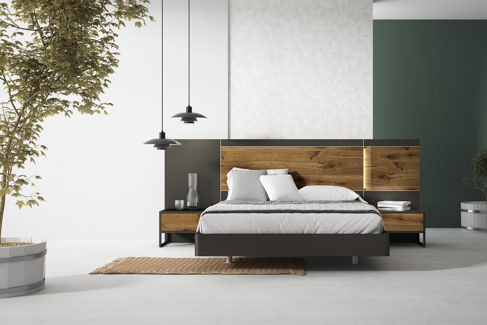 Dormitorio matrimonio madera oscuro con nudos y negro grafito con mesitas de 1 cajón bajas