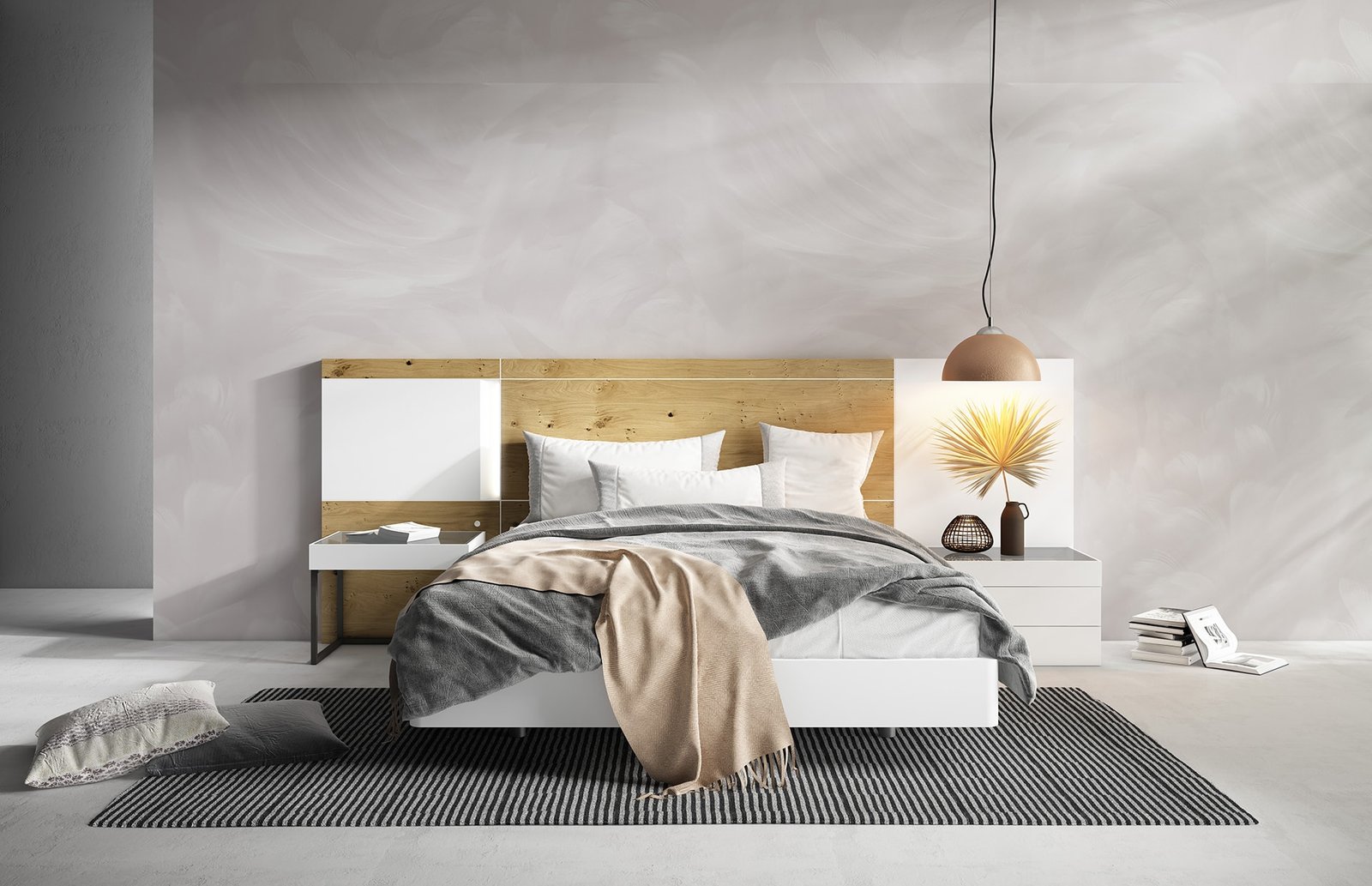 Dormitorio matrimonio moderno madera y blanco con mesitas de 3 cajones y 1 cajón con patas metálicas negras