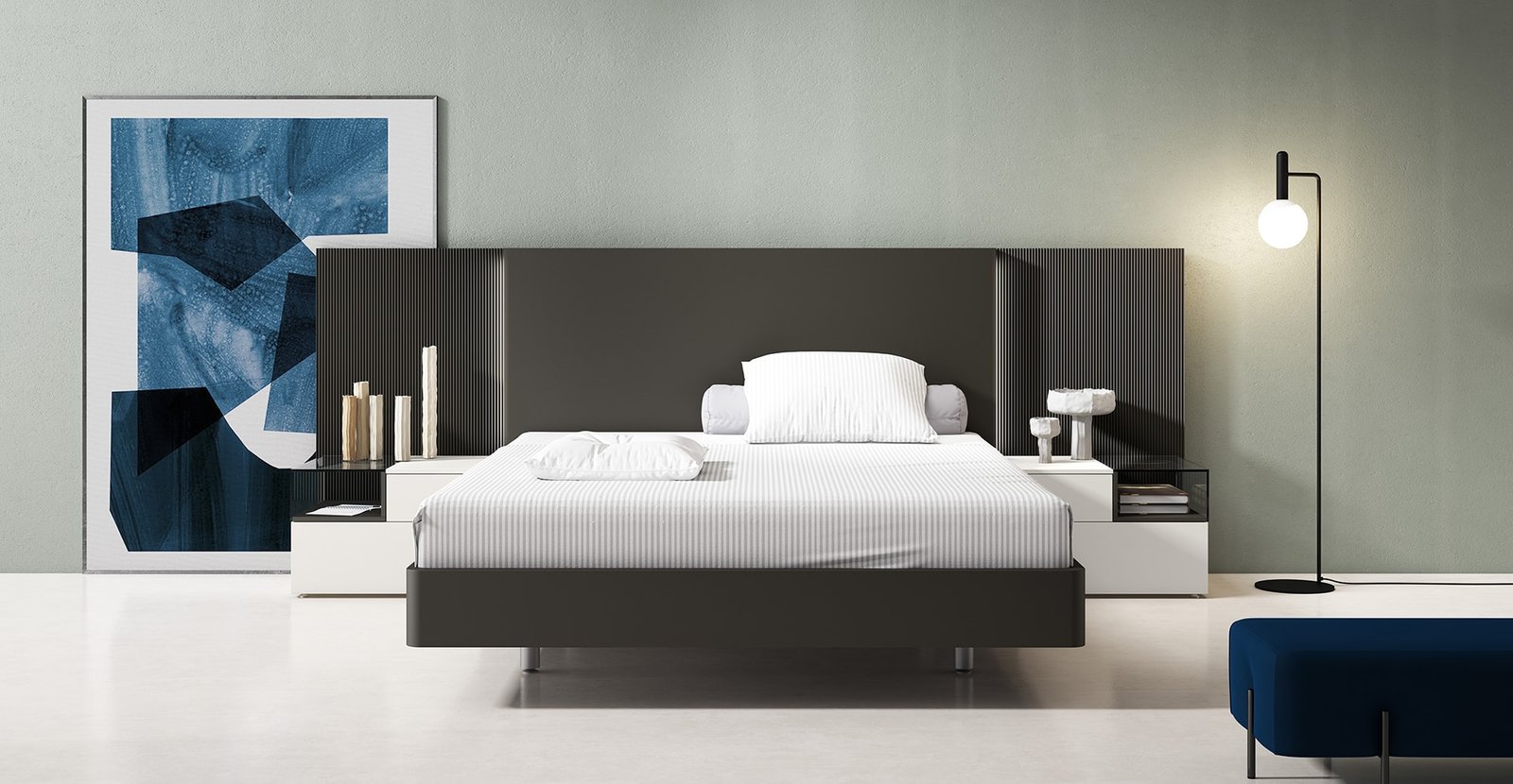 Dormitorio matrimonio moderno cabezal negro y laterales rayados con mesitas blancas y cristal