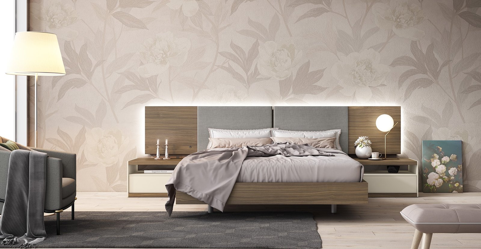 Dormitorio matrimonio madera tapizado gris con mesitas modernas de 1 cajón