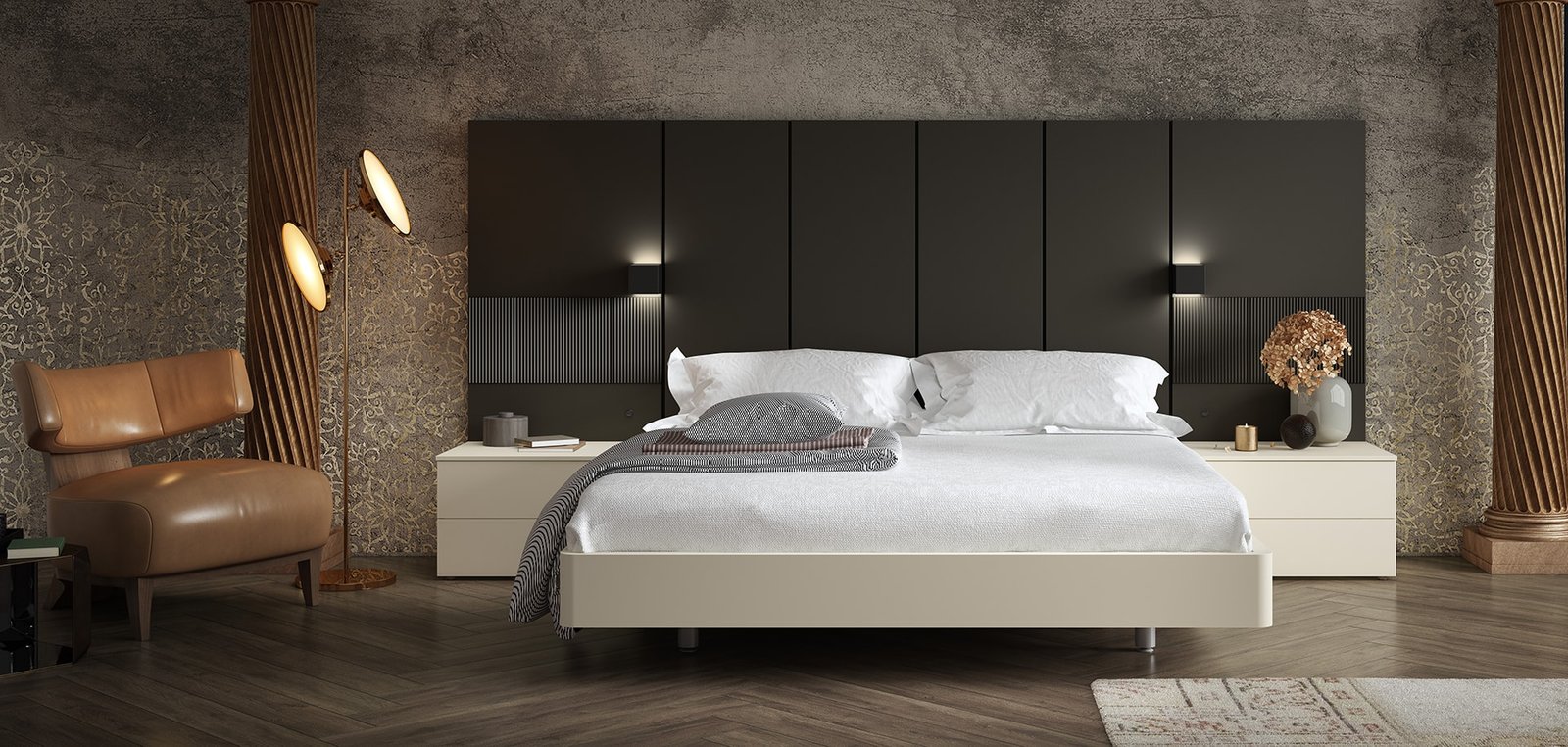 Dormitorio matrimonio elegante cabezal negro y mesitas dos cajones crudo