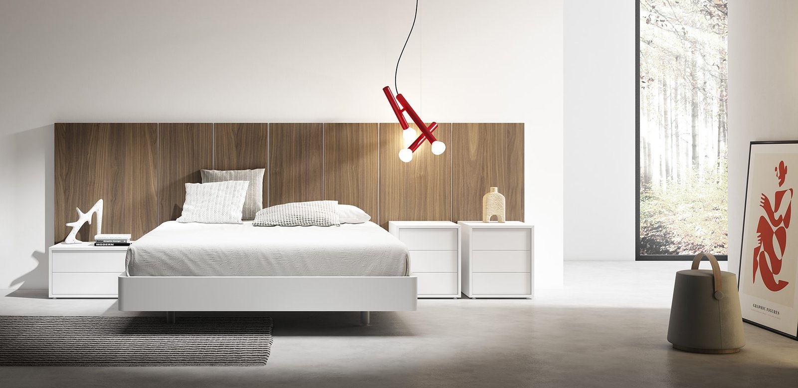 Dormitorio matrimonio moderno. Cabezal en madera y mesitas de 2 y 3 cajones blancas