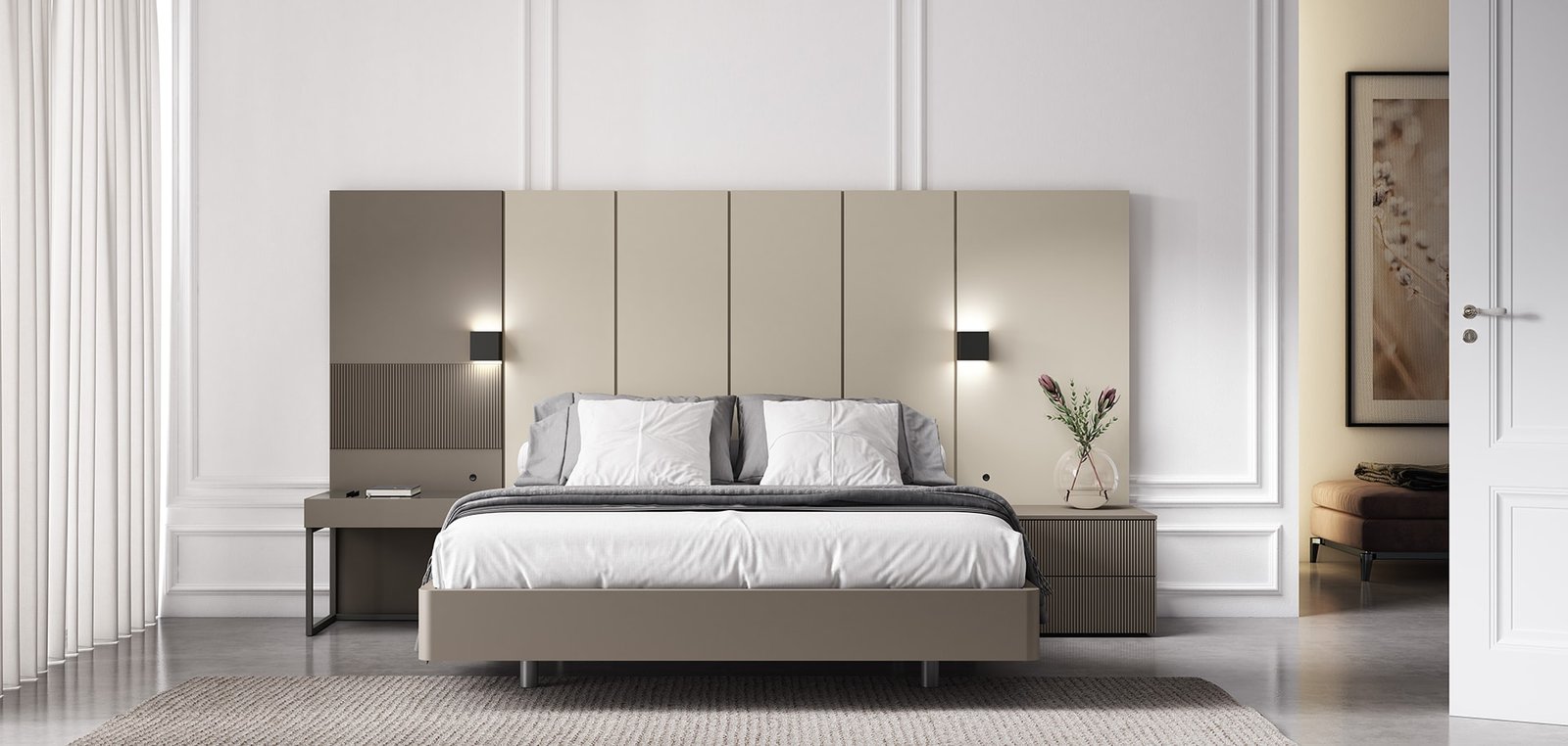 Dormitorio matrimonio moderno cabezal corrido color beige claro y oscuro