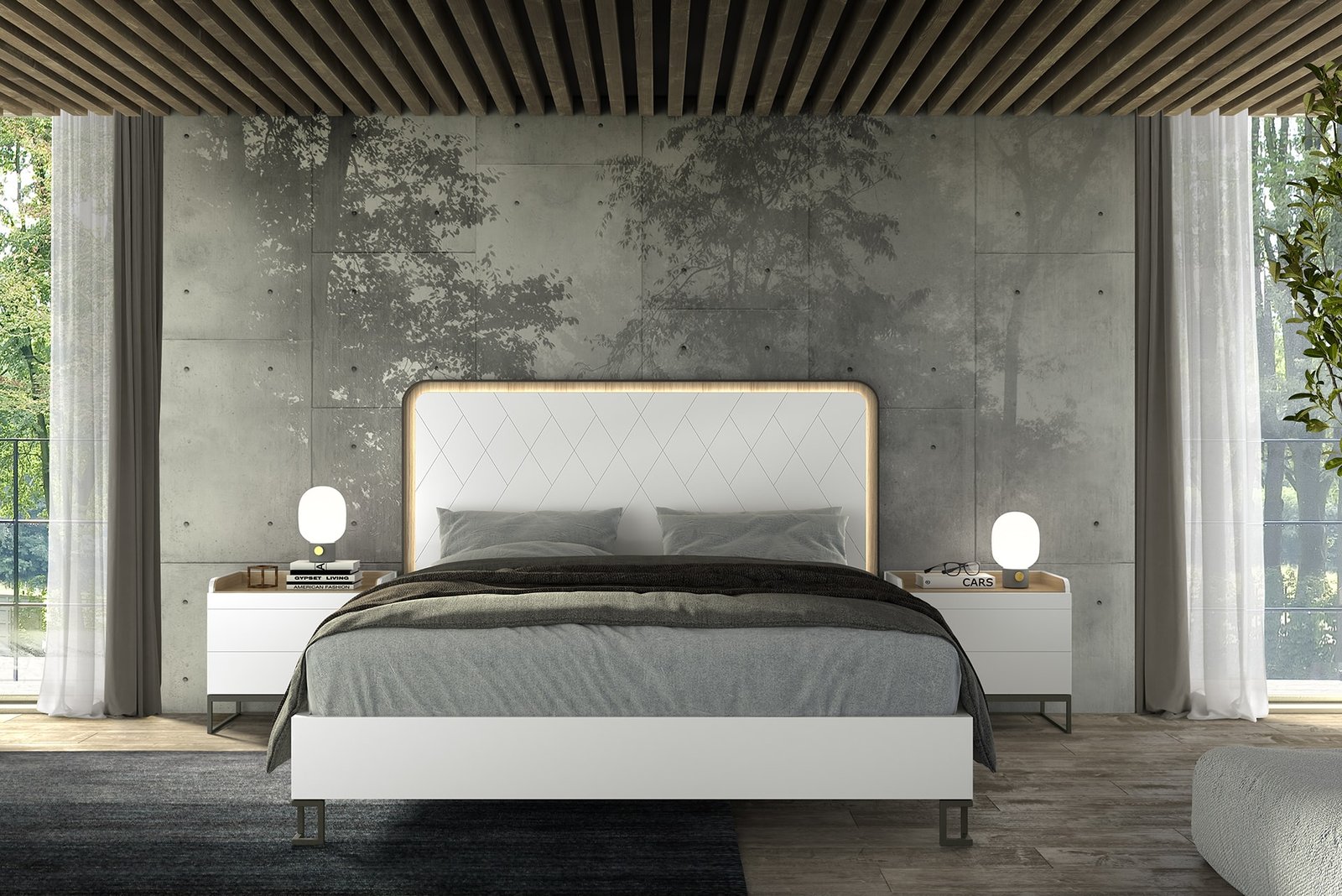 Dormitorio matrimonio madera maciza blanco y madera con luz led y pata metálica