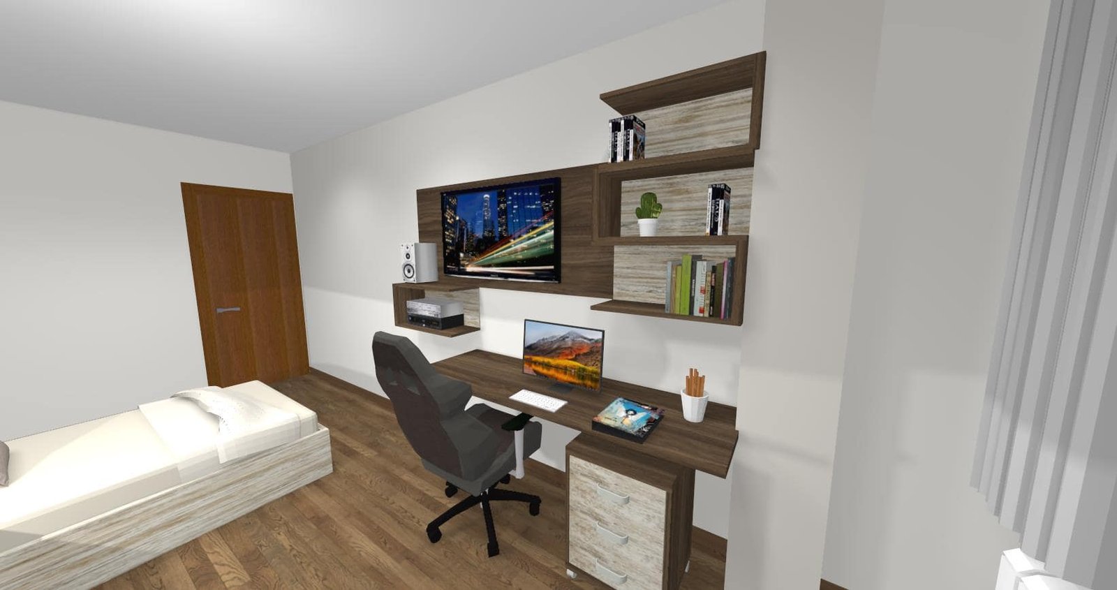 Diseño 3D Dormitorio individual - Mobiliario y decoración Natalia Moreno Diseño 3D Dormitorio individual - Mobiliario y decoración Natalia Moreno