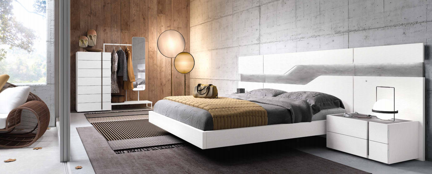 Dormitorio matrimonio moderno líneas bajas. Cabezal blanco y gris con led y mesitas dos cajones