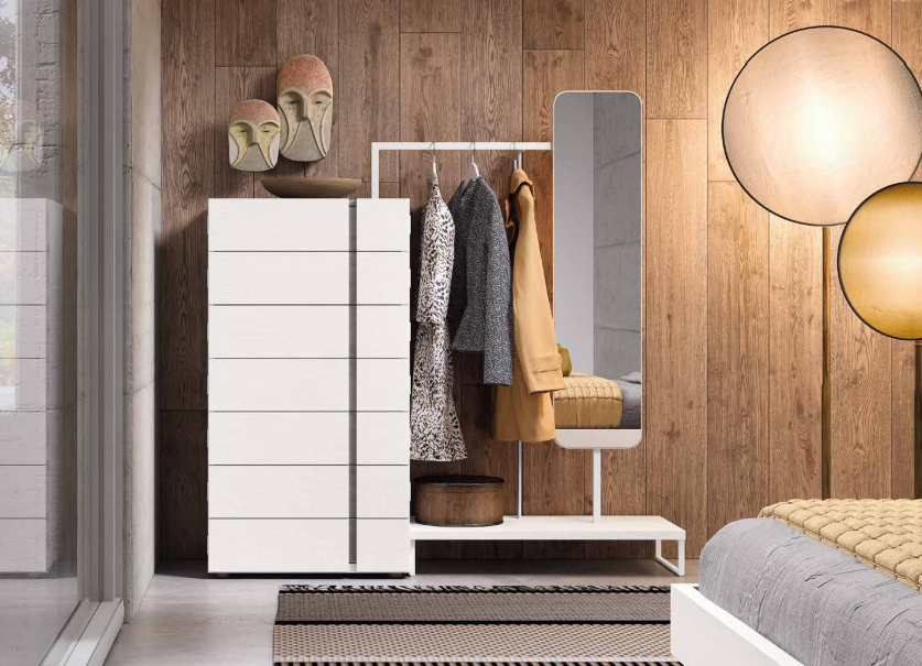 Sinfonier y espejo con colgador para ropa moderno blanco y detalle en gris