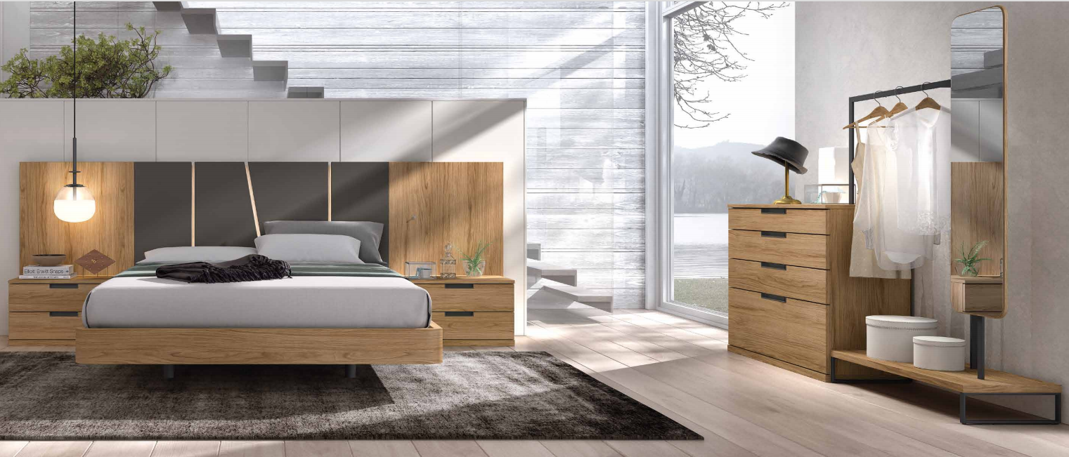 Dormitorio matrimonio moderno cabezal corrido madera y gris oscuro con mesitas dos cajones y cómoda a juego