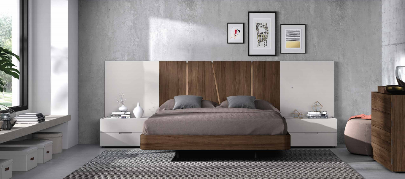 Dormitorio matrimonio moderno cabezal corrido madera oscuro formas y laterales gris lacado con mesitas dos cajones lacadas gris