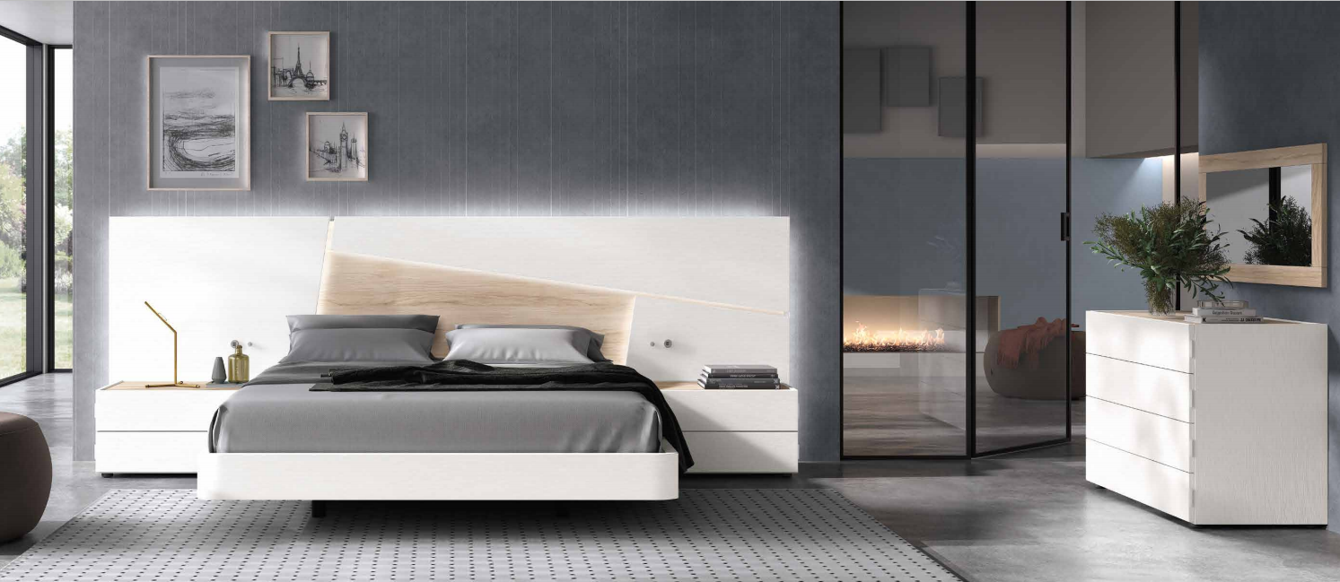 Dormitorio matrimonio moderno blanco con led y detalles en madera con mesitas dos cajones y cómoda 4 cajones