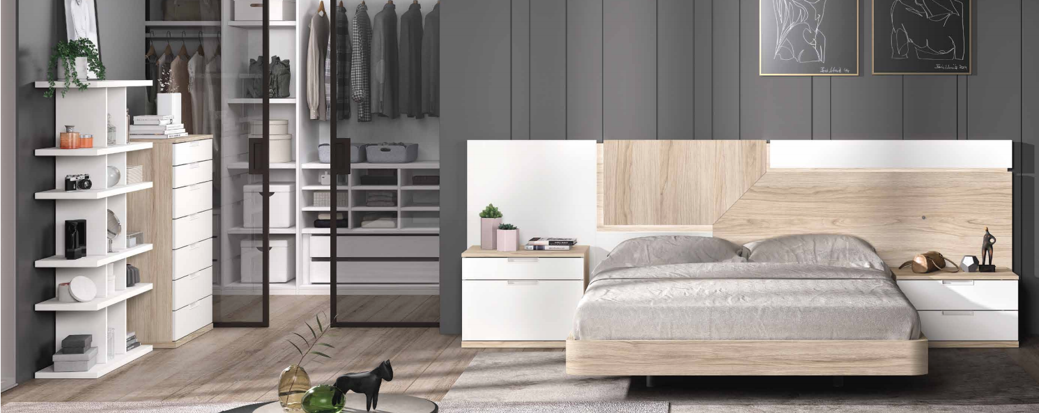 Dormitorio matrimonio moderno madera claro y blanco con mesitas dos cajones