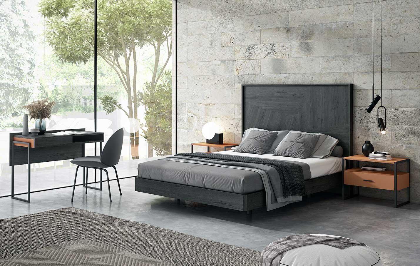 Dormitorio matrimonio moderno madera negro y mesitas pata metálica