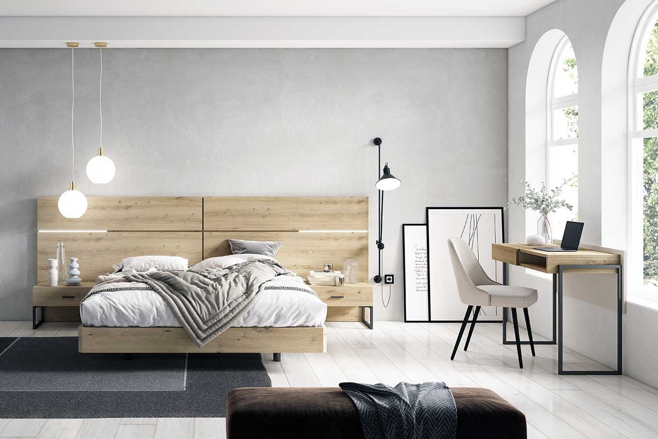 Dormitorio madera con led completo y mesitas de 1 cajón con pata metálica