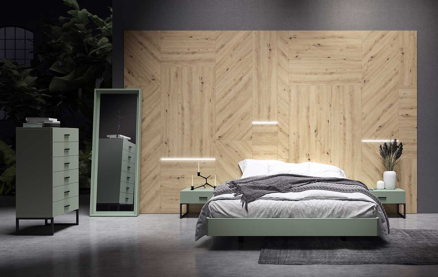 Dormitorio matrimonio moderno panelado madera roble