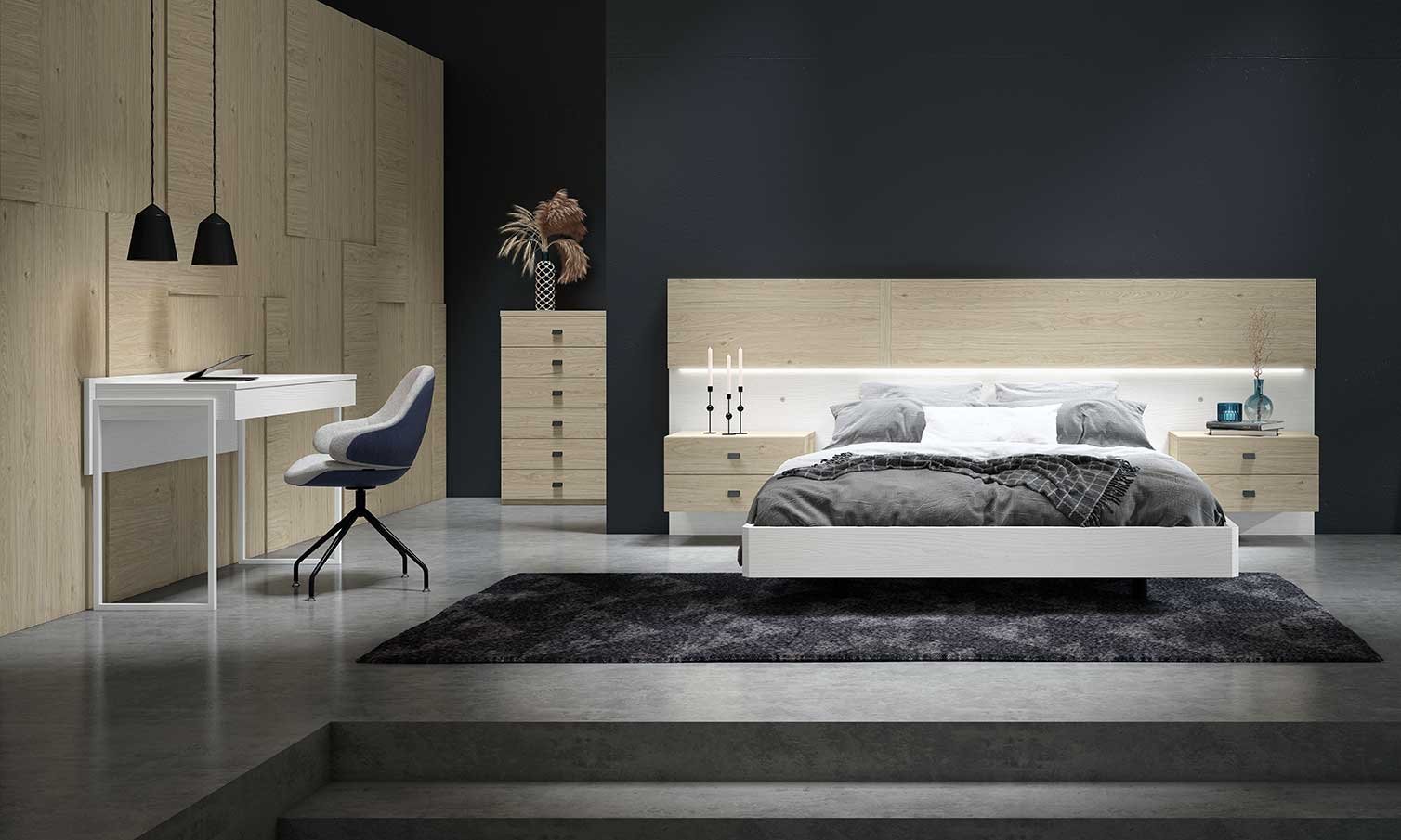 Dormitorio matrimonio madera con mesitas colgadas