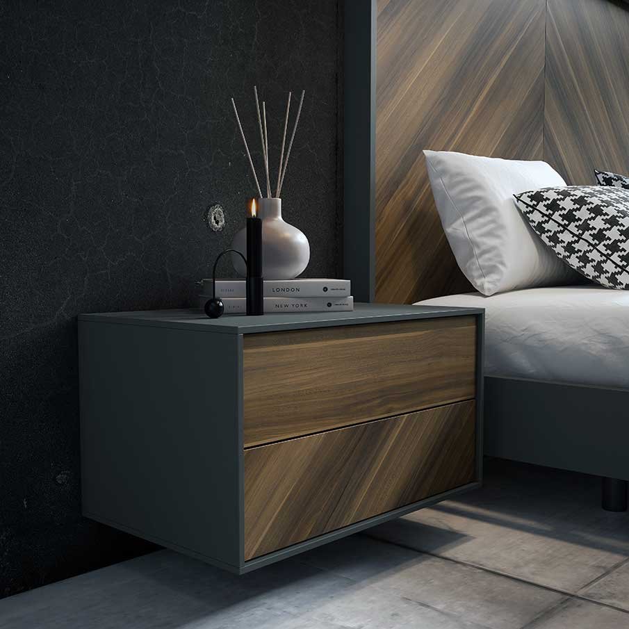 Mesita colgada moderna 2 cajones lacada y madera con push