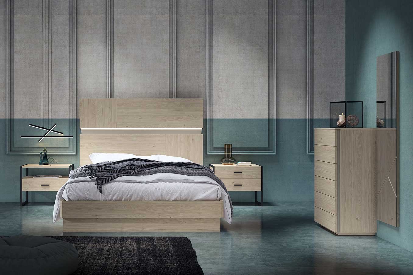 Dormitorio matrimonio moderno cabezal madera claro con luz led y mesitas dos cajones con pata metálica