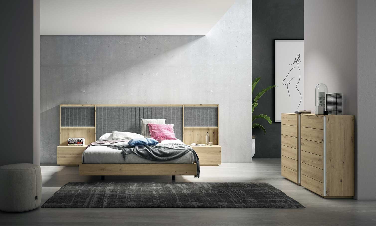 Dormitorio matrimonio tapizado y madera roble