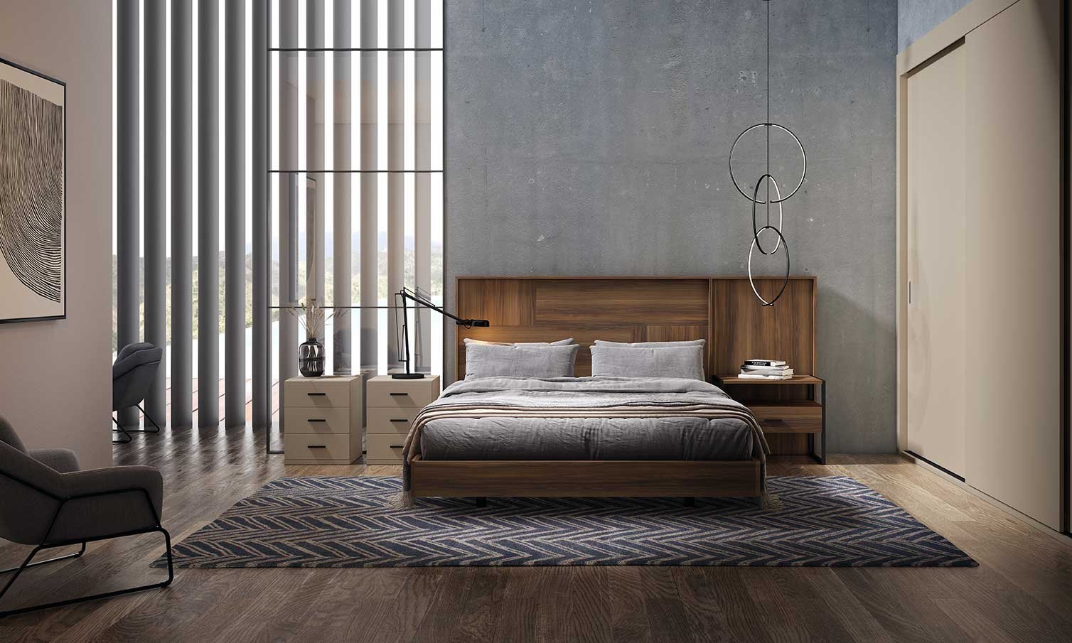 Dormitorio matrimonio moderno madera con mesitas