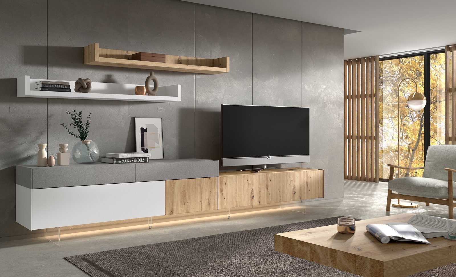 Composición comedor madera y blanco