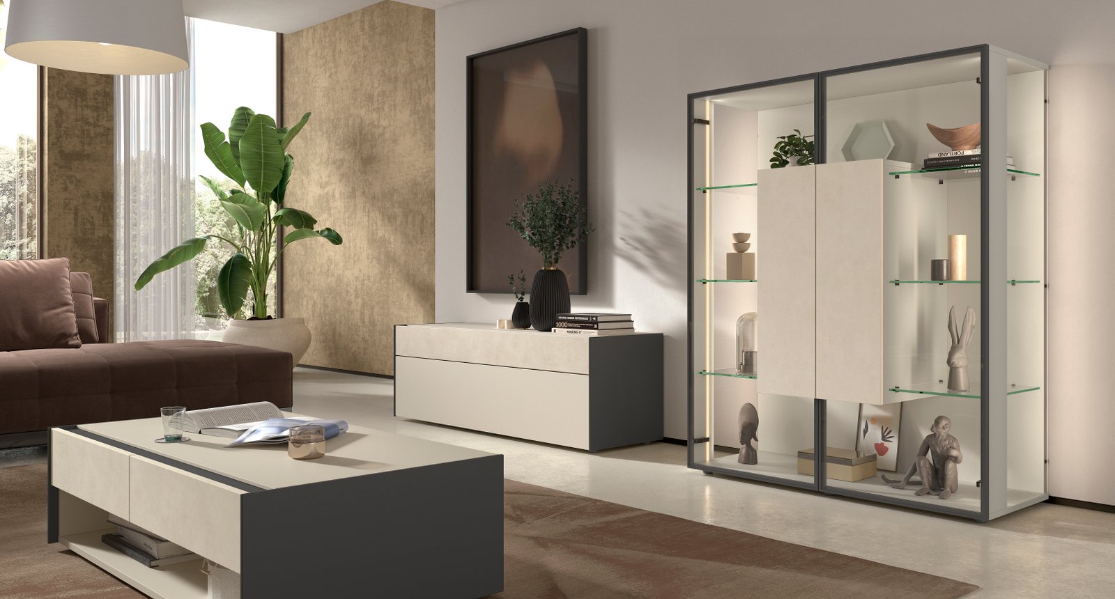 Mueble television con vitrina cristal