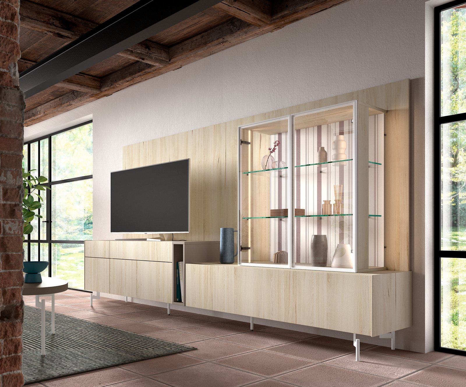 Mueble television con vitrina cristal