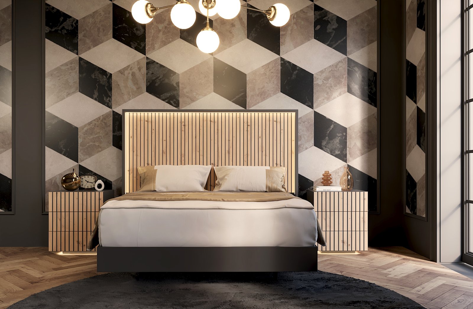 Dormitorio matrimonio moderno con palillería