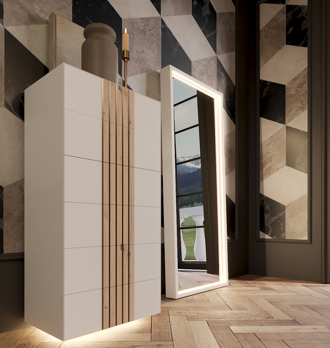 Sinfonier blanco madera y espejo