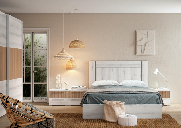 Dormitorio matrimonio moderno económico efecto rayado