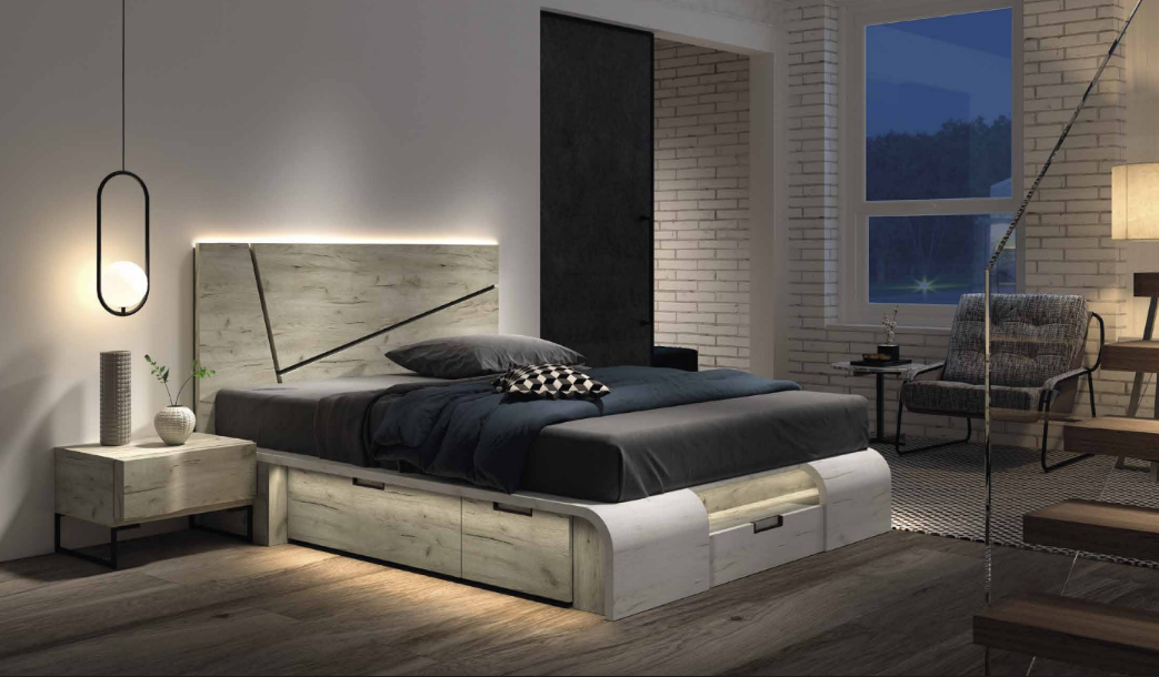 Dormitorio matrimonio moderno con canapé de cajones y luz led en madera