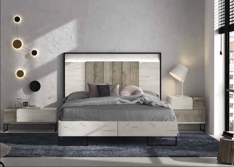 Dormitorio matrimonio cabezal con led y mesitas de 1 y 2 cajones color ártico y cemento