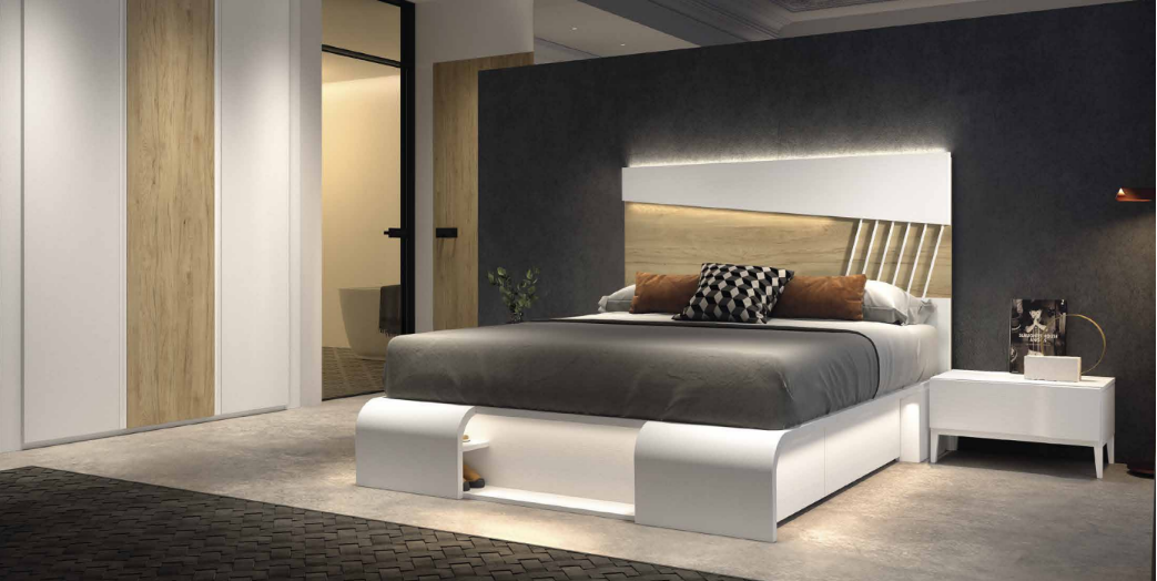 Dormitorio matrimonio moderno blanco con led y detalle interior en madera con mesitas blancas