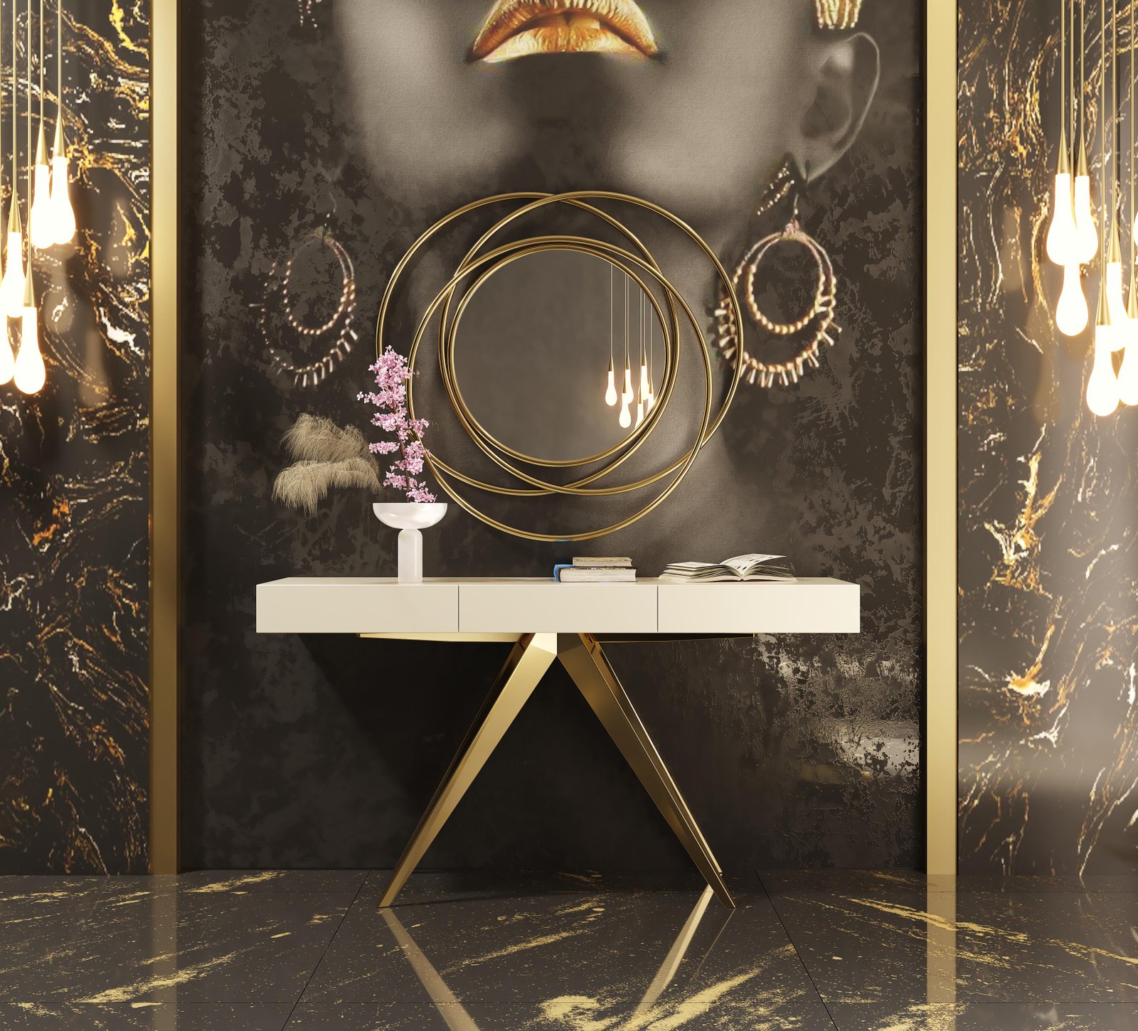 Recibidor lacado blanco cajones-patas oro